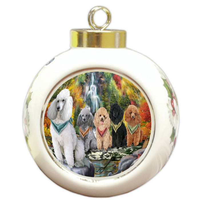 Scenic Waterfall Poodles Dog Round Ball Christmas Ornament RBPOR49510