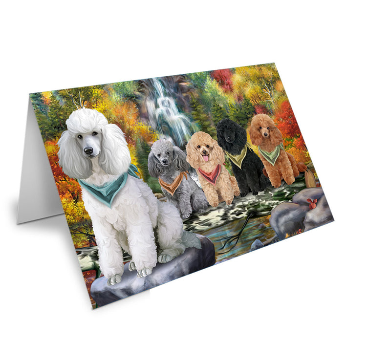 Scenic Waterfall Poodles Dog Handmade Artwork Assorted Pets Greeting Cards and Note Cards with Envelopes for All Occasions and Holiday Seasons GCD52457