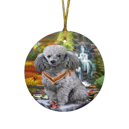 Scenic Waterfall Poodle Dog Round Flat Christmas Ornament RFPOR49502