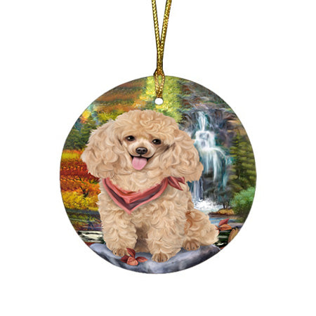 Scenic Waterfall Poodle Dog Round Flat Christmas Ornament RFPOR49503