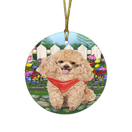 Spring Floral Poodle Dog Round Flat Christmas Ornament RFPOR50198