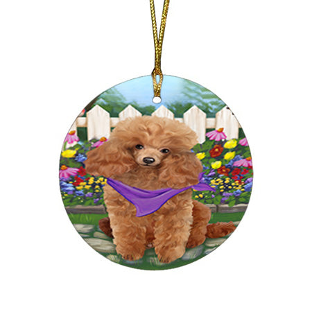 Spring Floral Poodle Dog Round Flat Christmas Ornament RFPOR50199