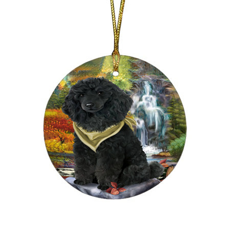 Scenic Waterfall Poodle Dog Round Flat Christmas Ornament RFPOR49504