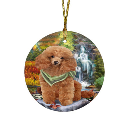 Scenic Waterfall Poodle Dog Round Flat Christmas Ornament RFPOR49505