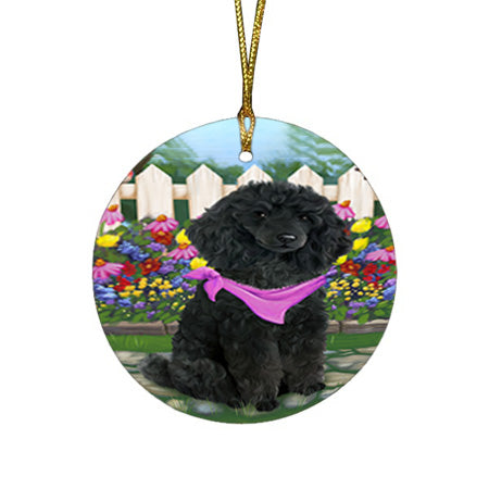 Spring Floral Poodle Dog Round Flat Christmas Ornament RFPOR50200