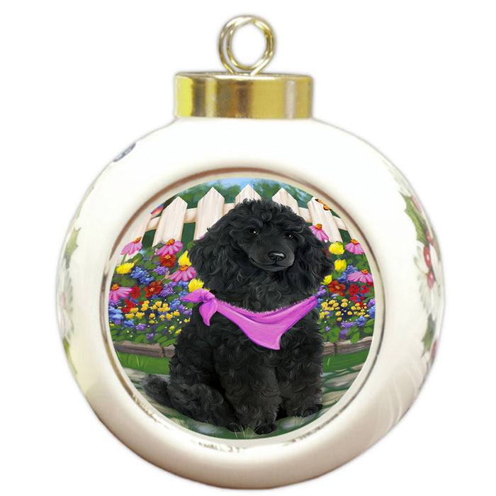 Spring Floral Poodle Dog Round Ball Christmas Ornament RBPOR50209
