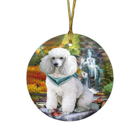 Scenic Waterfall Poodle Dog Round Flat Christmas Ornament RFPOR49506