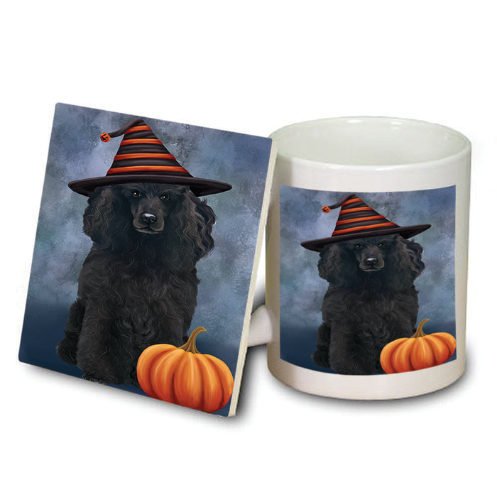 Happy Halloween Poodle Dog Wearing Witch Hat with Pumpkin Mug and Coaster Set MUC54757