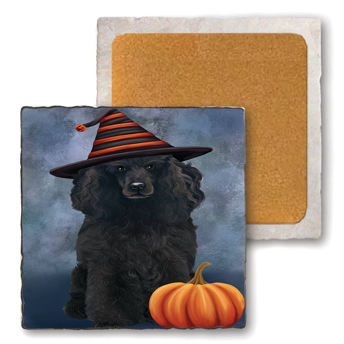 Happy Halloween Poodle Dog Wearing Witch Hat with Pumpkin Set of 4 Natural Stone Marble Tile Coasters MCST49765