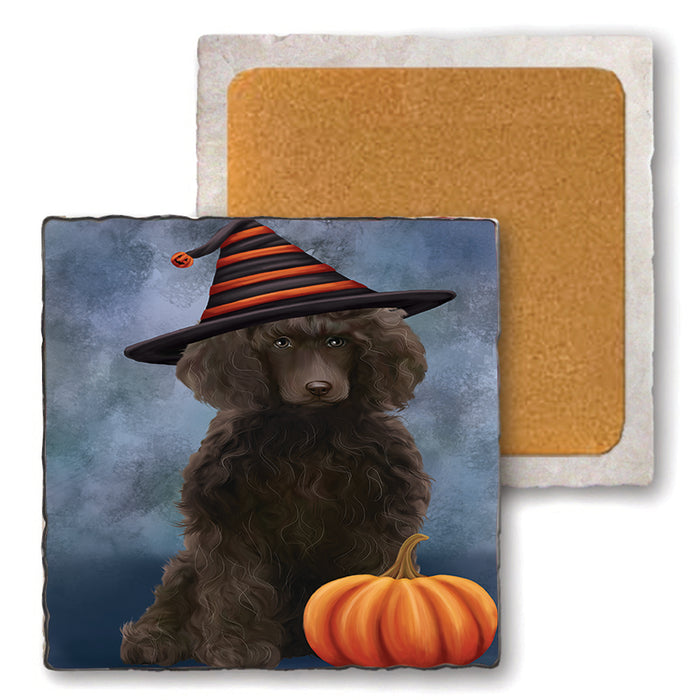 Happy Halloween Poodle Dog Wearing Witch Hat with Pumpkin Set of 4 Natural Stone Marble Tile Coasters MCST49766