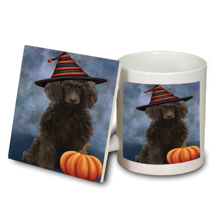 Happy Halloween Poodle Dog Wearing Witch Hat with Pumpkin Mug and Coaster Set MUC54758