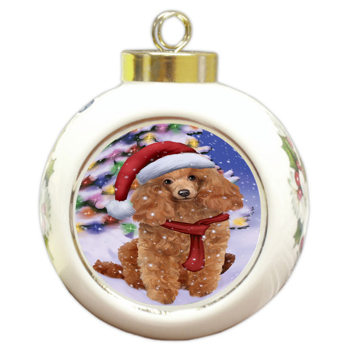 Winterland Wonderland Poodle Dog In Christmas Holiday Scenic Background  Round Ball Christmas Ornament RBPOR53410