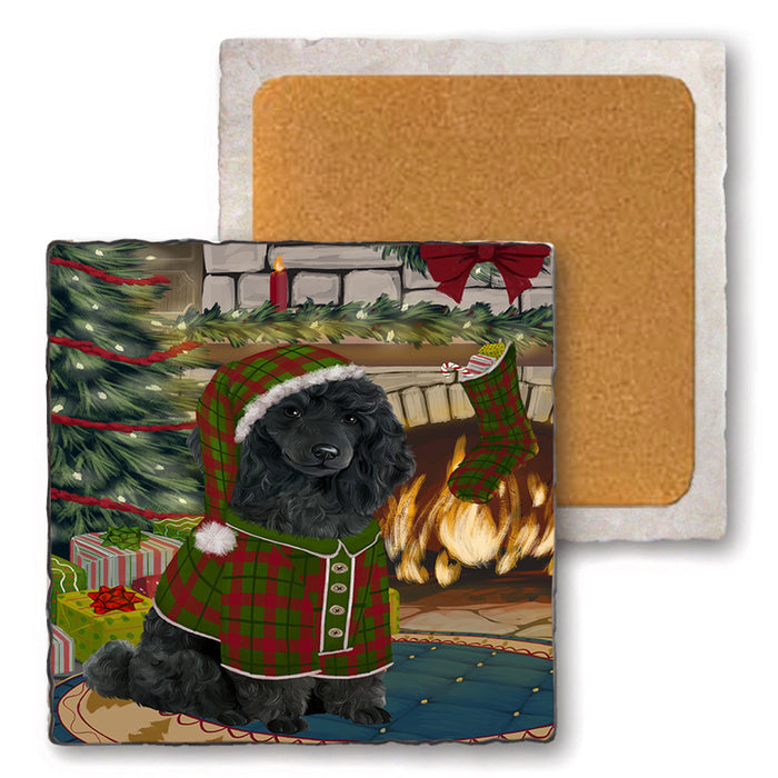 The Stocking was Hung Poodle Dog Set of 4 Natural Stone Marble Tile Coasters MCST50566