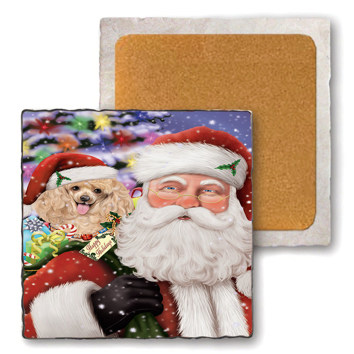 Santa Carrying Poodle Dog and Christmas Presents Set of 4 Natural Stone Marble Tile Coasters MCST49007