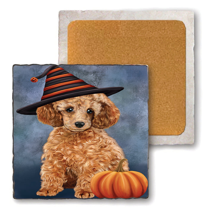 Happy Halloween Poodle Dog Wearing Witch Hat with Pumpkin Set of 4 Natural Stone Marble Tile Coasters MCST49764