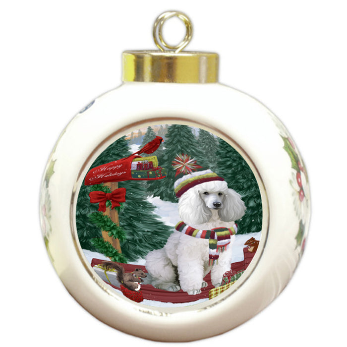 Merry Christmas Woodland Sled Poodle Dog Round Ball Christmas Ornament RBPOR55355