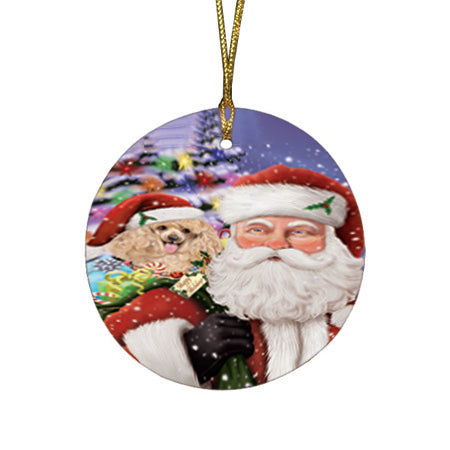 Santa Carrying Poodle Dog and Christmas Presents Round Flat Christmas Ornament RFPOR53998