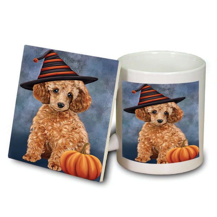 Happy Halloween Poodle Dog Wearing Witch Hat with Pumpkin Mug and Coaster Set MUC54756