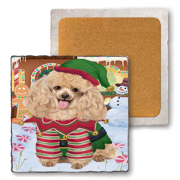 Christmas Gingerbread House Candyfest Poodle Dog Set of 4 Natural Stone Marble Tile Coasters MCST51482