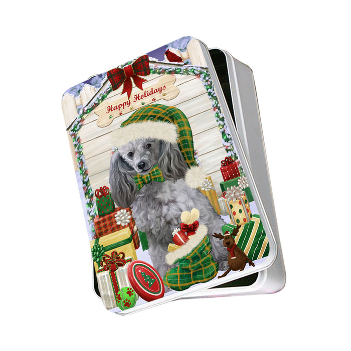 Happy Holidays Christmas Poodle Dog House With Presents Photo Storage Tin PITN52176
