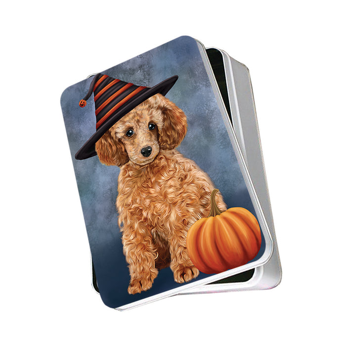 Happy Halloween Poodle Dog Wearing Witch Hat with Pumpkin Photo Storage Tin PITN54707
