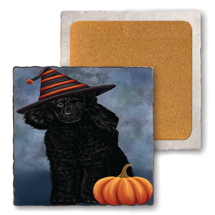 Happy Halloween Poodle Dog Wearing Witch Hat with Pumpkin Set of 4 Natural Stone Marble Tile Coasters MCST49767