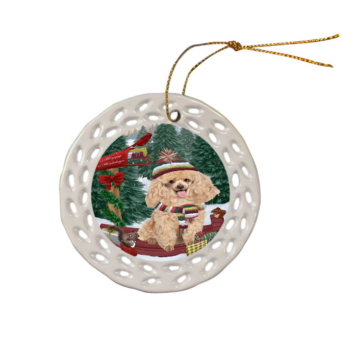 Merry Christmas Woodland Sled Poodle Dog Ceramic Doily Ornament DPOR55356
