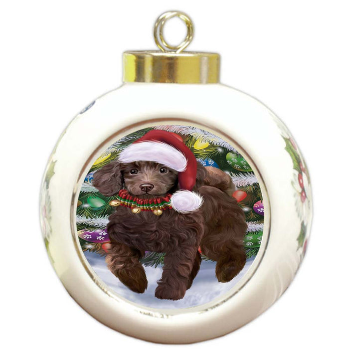 Trotting in the Snow Poodle Dog Round Ball Christmas Ornament RBPOR55809