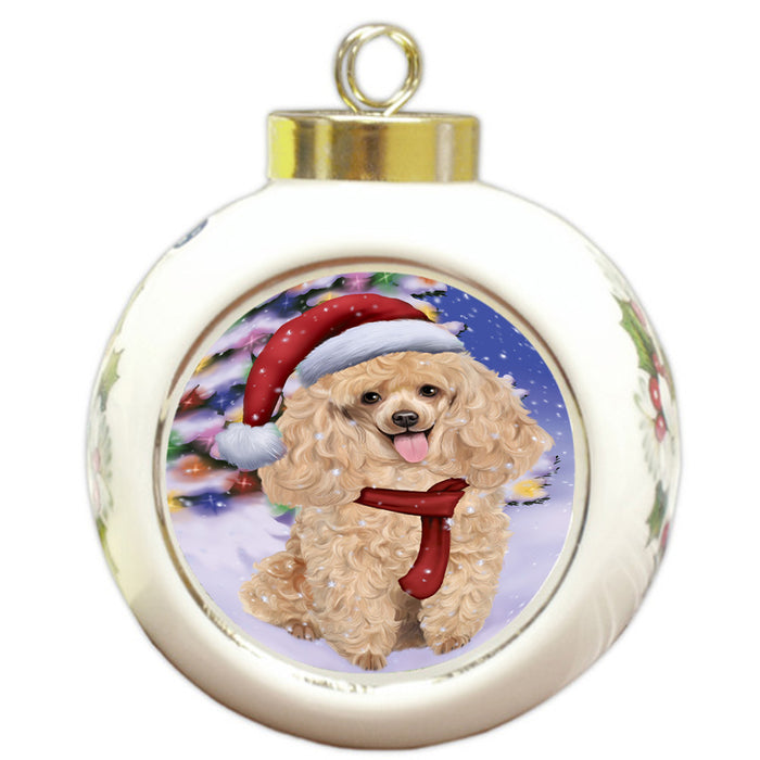 Winterland Wonderland Poodle Dog In Christmas Holiday Scenic Background  Round Ball Christmas Ornament RBPOR53411