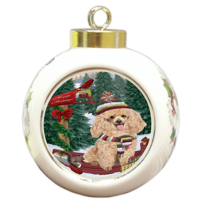 Merry Christmas Woodland Sled Poodle Dog Round Ball Christmas Ornament RBPOR55356