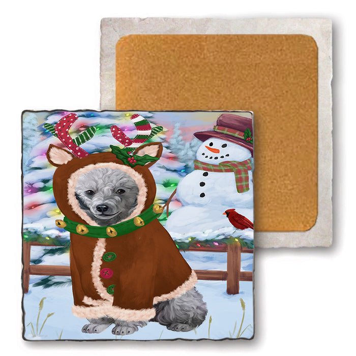 Christmas Gingerbread House Candyfest Poodle Dog Set of 4 Natural Stone Marble Tile Coasters MCST51483