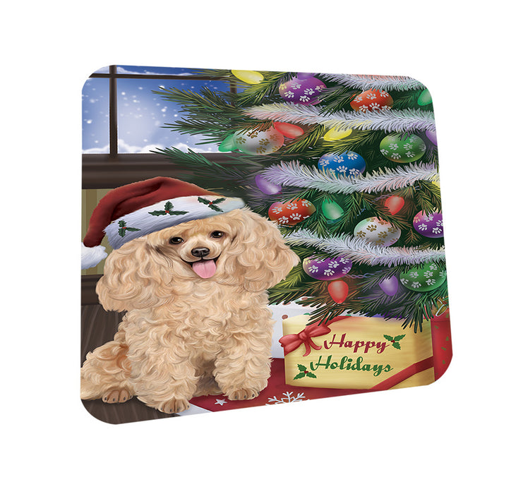 Christmas Happy Holidays Poodle Dog with Tree and Presents Coasters Set of 4 CST53807