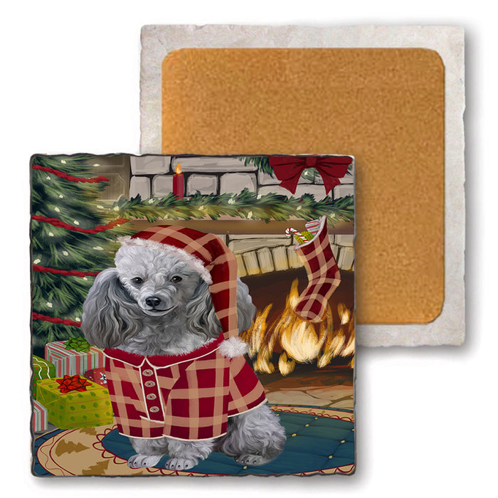 The Stocking was Hung Poodle Dog Set of 4 Natural Stone Marble Tile Coasters MCST50567