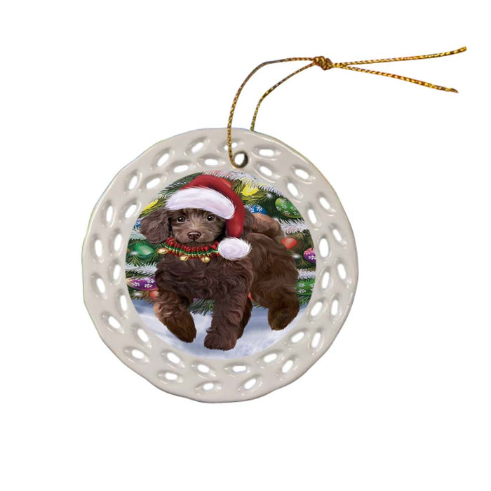 Trotting in the Snow Poodle Dog Ceramic Doily Ornament DPOR55809