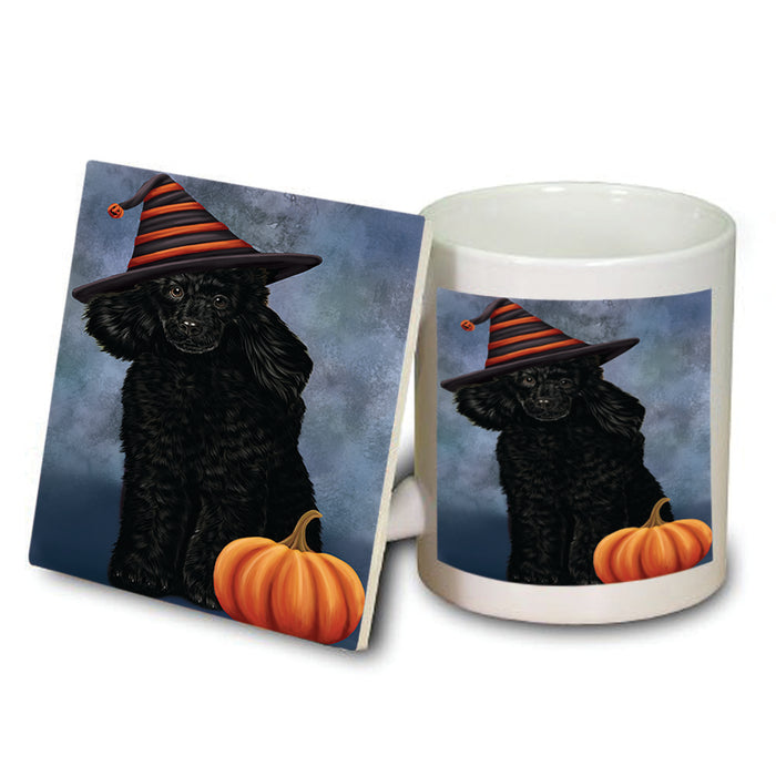Happy Halloween Poodle Dog Wearing Witch Hat with Pumpkin Mug and Coaster Set MUC54759