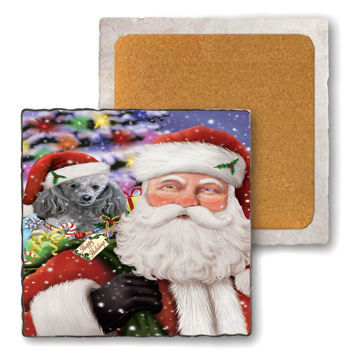 Santa Carrying Poodle Dog and Christmas Presents Set of 4 Natural Stone Marble Tile Coasters MCST49008