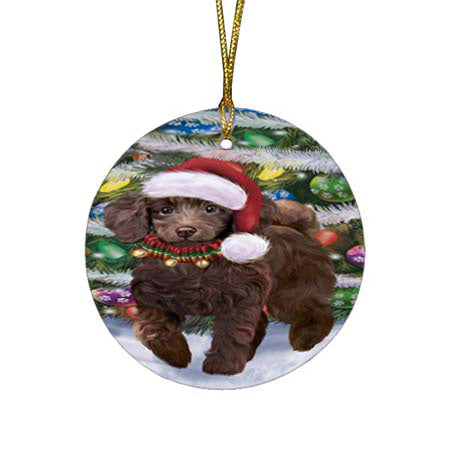 Trotting in the Snow Poodle Dog Round Flat Christmas Ornament RFPOR55809