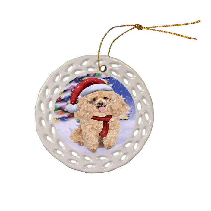 Winterland Wonderland Poodle Dog In Christmas Holiday Scenic Background  Ceramic Doily Ornament DPOR53411