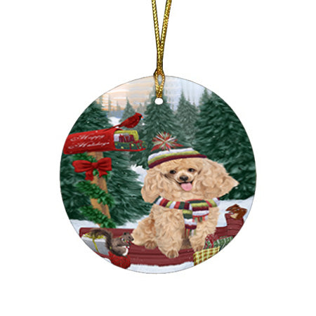 Merry Christmas Woodland Sled Poodle Dog Round Flat Christmas Ornament RFPOR55356