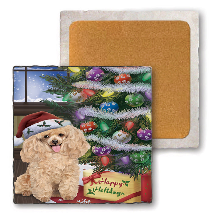 Christmas Happy Holidays Poodle Dog with Tree and Presents Set of 4 Natural Stone Marble Tile Coasters MCST48849