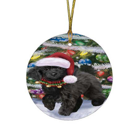 Trotting in the Snow Poodle Dog Round Flat Christmas Ornament RFPOR55810