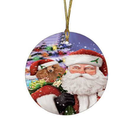 Santa Carrying Poodle Dog and Christmas Presents Round Flat Christmas Ornament RFPOR54000