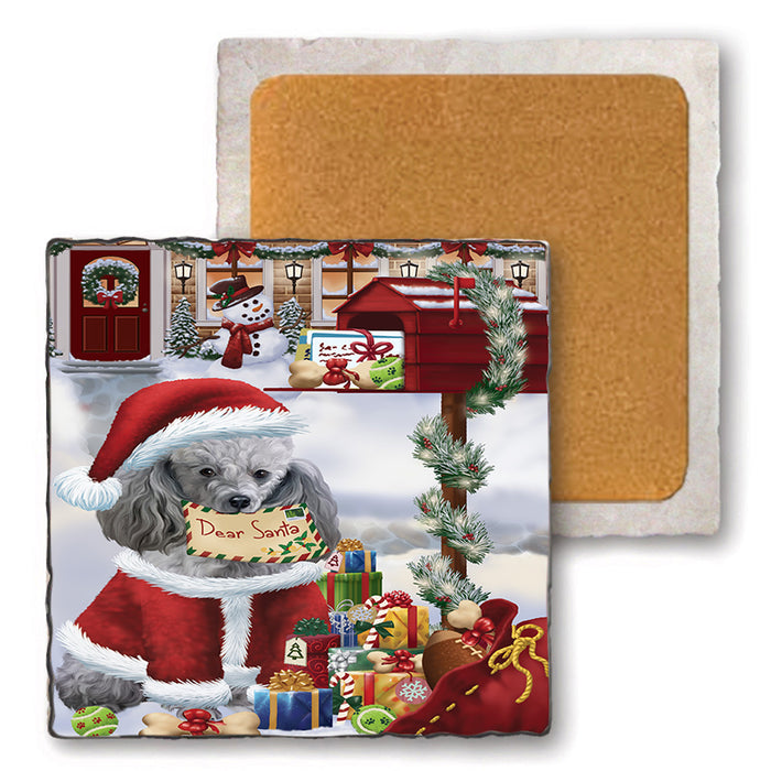 Poodle Dog Dear Santa Letter Christmas Holiday Mailbox Set of 4 Natural Stone Marble Tile Coasters MCST48919