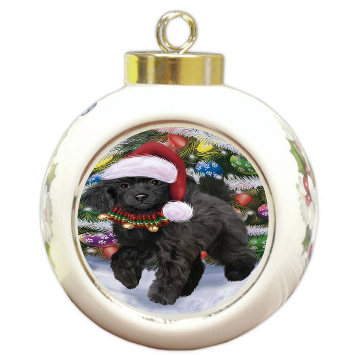 Trotting in the Snow Poodle Dog Round Ball Christmas Ornament RBPOR55810