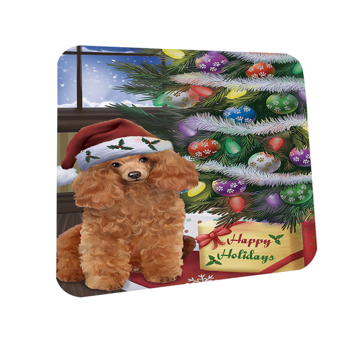 Christmas Happy Holidays Poodle Dog with Tree and Presents Coasters Set of 4 CST53808