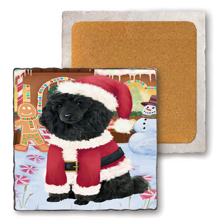 Christmas Gingerbread House Candyfest Poodle Dog Set of 4 Natural Stone Marble Tile Coasters MCST51484