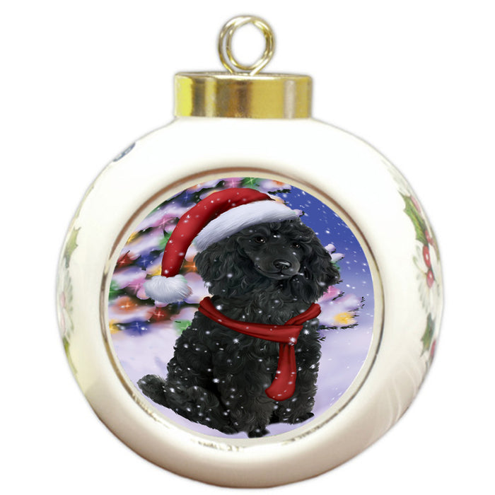 Winterland Wonderland Poodle Dog In Christmas Holiday Scenic Background  Round Ball Christmas Ornament RBPOR53412