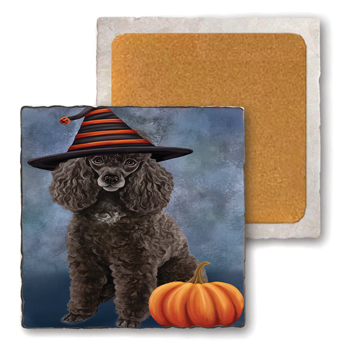 Happy Halloween Poodle Dog Wearing Witch Hat with Pumpkin Set of 4 Natural Stone Marble Tile Coasters MCST49768
