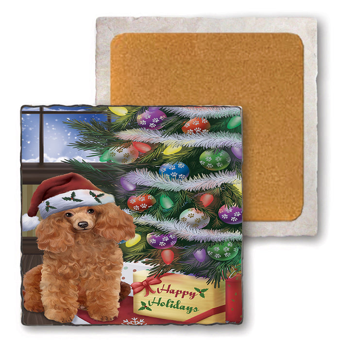 Christmas Happy Holidays Poodle Dog with Tree and Presents Set of 4 Natural Stone Marble Tile Coasters MCST48850