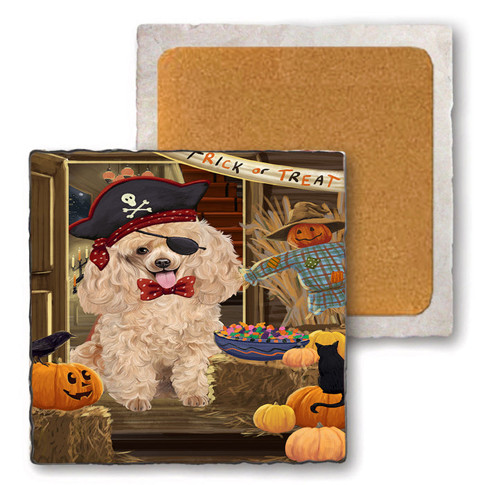 Enter at Own Risk Trick or Treat Halloween Poodle Dog Set of 4 Natural Stone Marble Tile Coasters MCST48226